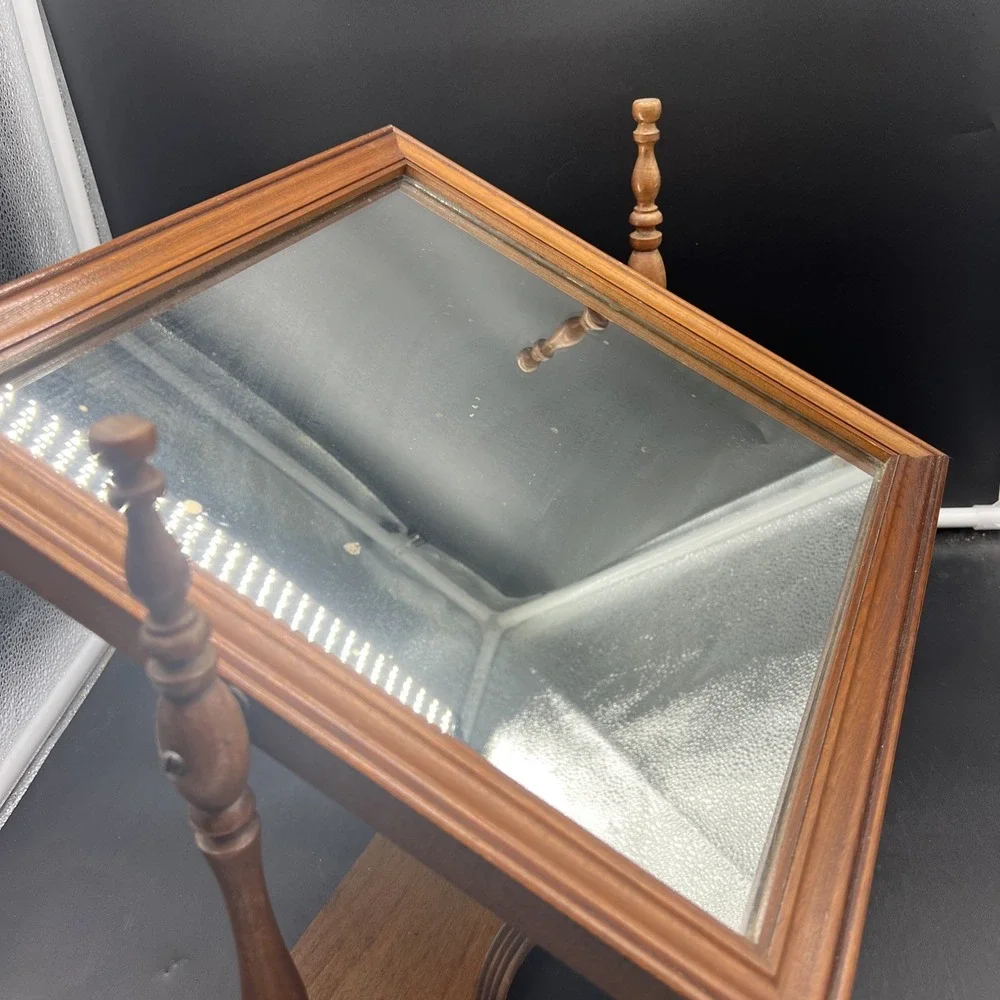 Vintage Wood Vanity Shaving Stand Dresser Table Top Swivel Beveled Mirror
